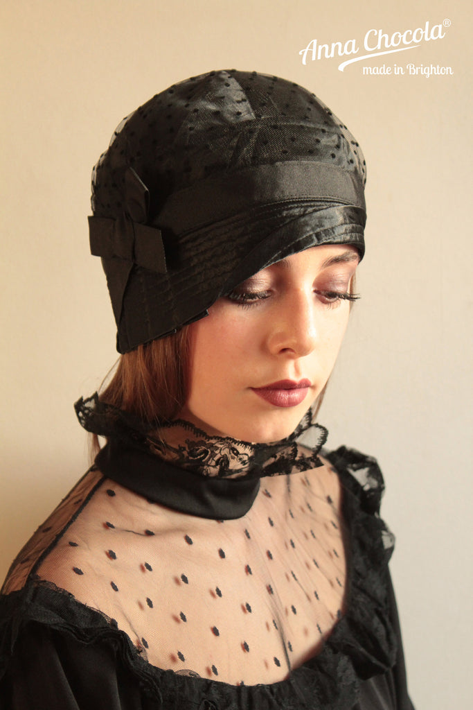 Black Satin & Plumetis Tulle Inès Cloche Hat